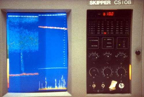 Figure 10. Photograph of Color Imaging Sonar System Illustrating Gas Seep and Buildup of Gas Anomaly Under Thermocline. 